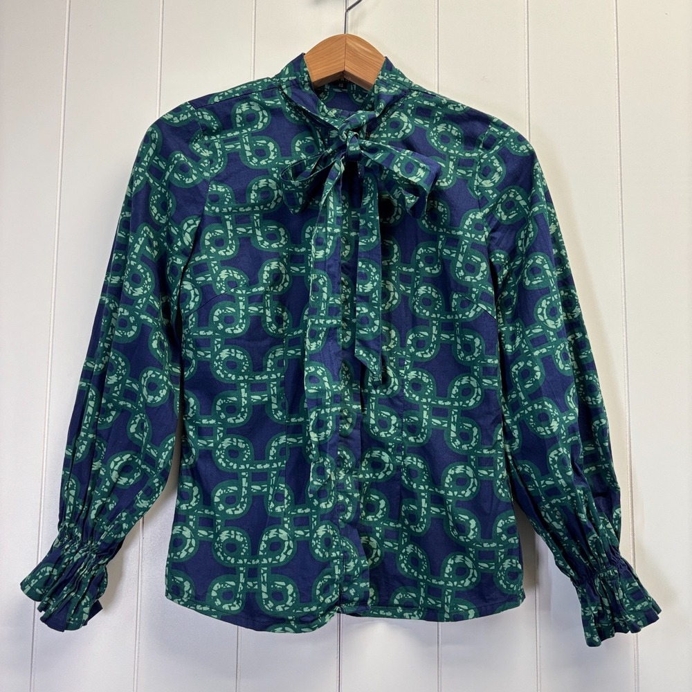 Boho Prairie Tie Neck Top Women Size XS Geometric Cottage Peasant Modest Chic